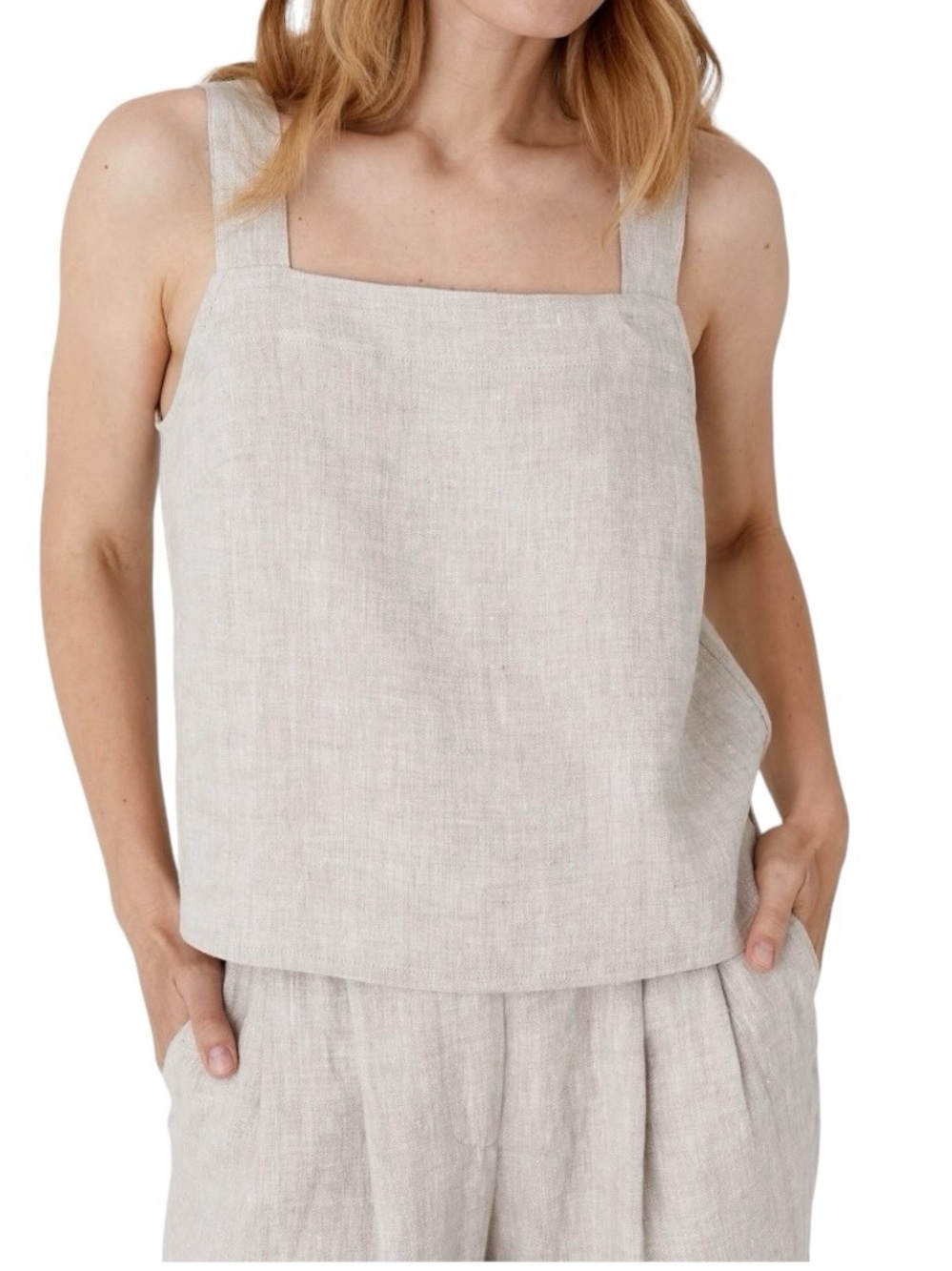 A. ren Square-Neck Linen Apron top with button back size S excellent condition